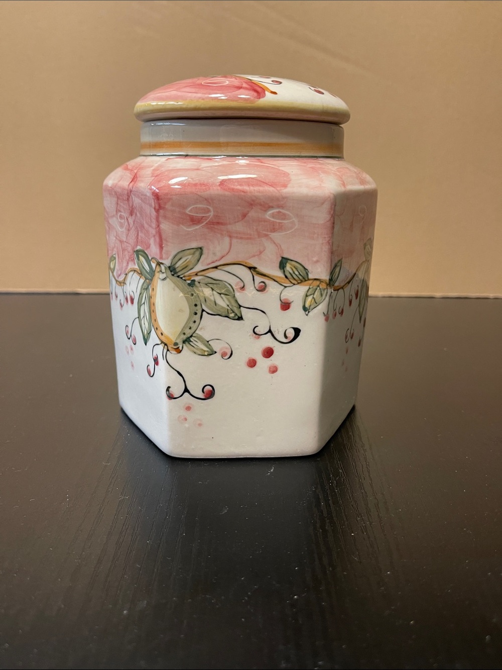 Hand-Painted Ceramic Canister with Pink Lemon Motif